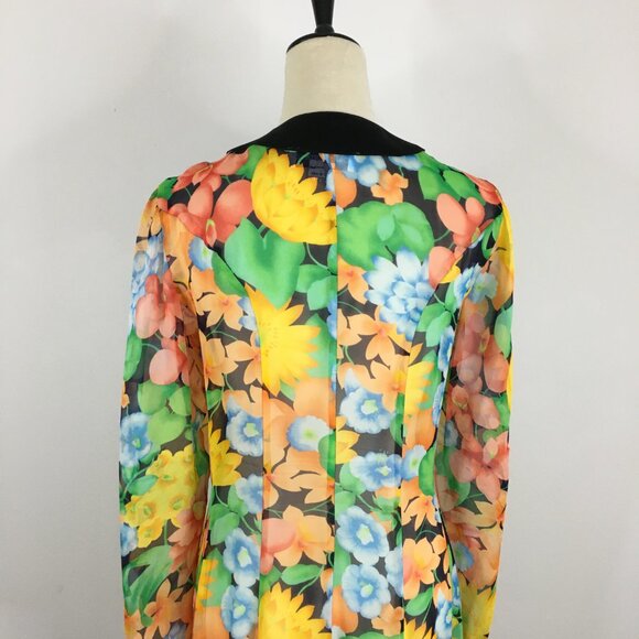BLUE MOMENT Italy Sheer Multi-Color Floral Print Silk Blend Long Shirt/Dress - Picture 7 of 10